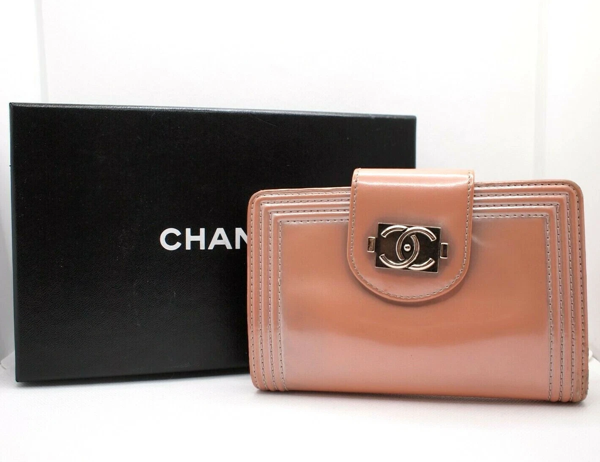 AUTHENTIC CHANEL BOY ZIP-AROUND BIFOLD WALLET PINK PATENT LEATHER COIN PURSE