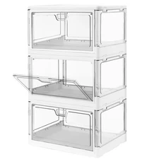 3-Pack Clear Stackable Storage Bins with Lids Magnetic Doors Open Front Folda...