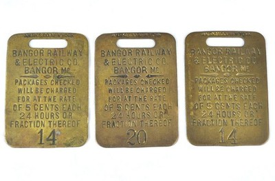 BANGOR RAILWAY & ELECTRIC CO. BRASS CHECKED BAGAGE TAGS c1920 (3)-AM.RY.S. CO NY