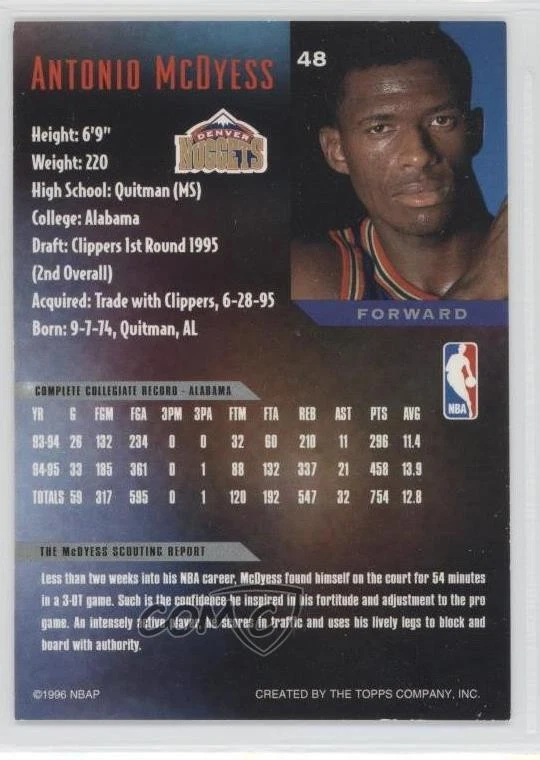 1995 Topps Gallery New Editions Players Private Issue Antonio McDyess Rookie RC - Image 2 of 2