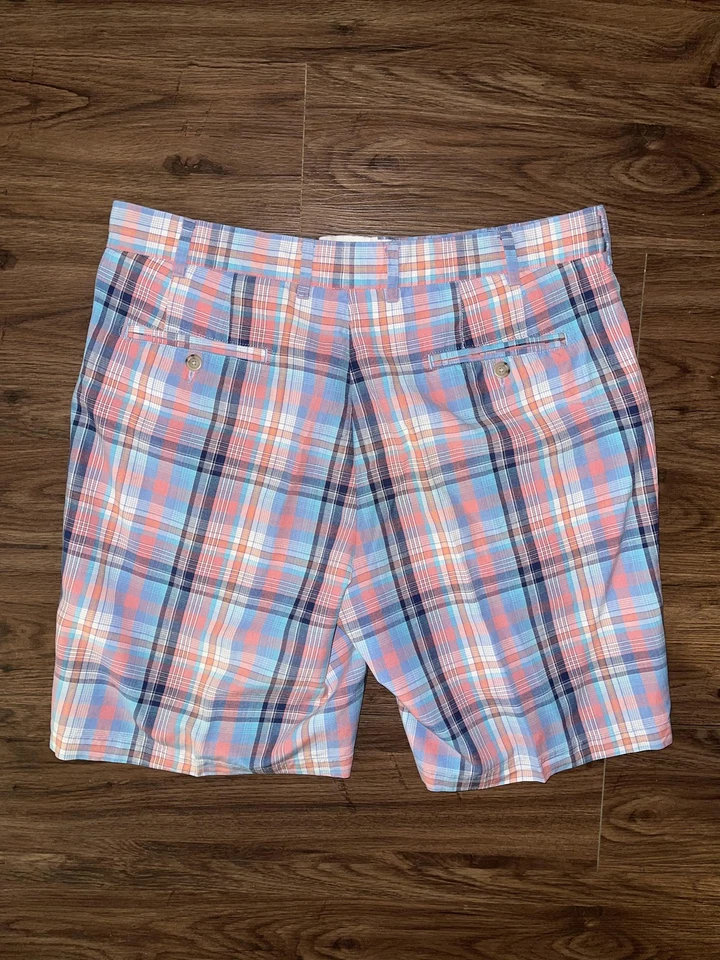 Pantalones Cortos Peter Millar Para Hombre 36 Azul Rosa Madrás Colección Marítima Lino Seda Foto 4 de 4