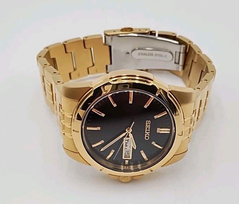 Seiko Men's Watch SUR358 Quartz Gold Stainless Steel Black Dial