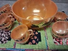 Vintage Fire King Anchor Hocking Peach Luster Ivy Leaf Punch Bowl Set w/ 9 Cups