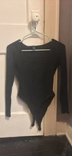 Shein Women’s Long Sleeve Ribbed Knit Bodysuit Size Small Black Stretch