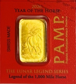 One Gram Gold Pamp Suisse 999.9 Bullion Bar Good Luck Lunar Horse Cert in Assay