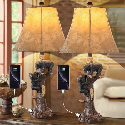 HDFL Set of 2 Rustic Bear Table Desk Nightstand Lamp Light Cabin Lodge Home Decor 26"