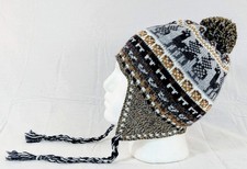 Colorful Soft Alpaca Chullo Gray Beanie Pom Pom Earflap Unisex Handmade Boho