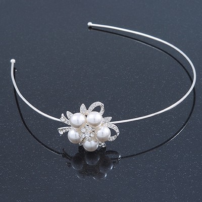 Braut/Hochzeit/Abschlussball rhodiniert weiße Kunstperle, Kristall Blume Diadem