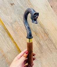 Skull Handle Walking Stick   Wooden Cane with Brass  Antique Finish