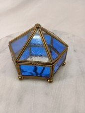 Brass Etched Glass Tabletop Trinket Box Display Case Blue Tint Hinged