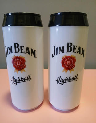 Jim Beam Set of 2 Highball Travel Mugs w/ Black Lids White/Red Distillery
