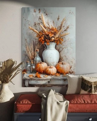 WANDBILD VASE MODERN KUNST DRUCK LEINWAND BILD POSTER KÜRBIS DeKO BLUMEN - Bild 1 von 4