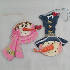 Hand Painted Boy And Girl Snowman Head Wood Ornaments Lot Of 2 Folk Art Ann Pine