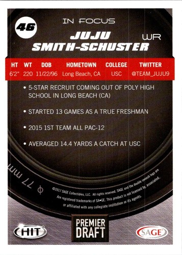 2017 SAGE HIT PREMIER DRAFT IN FOCUS Juju Smith-Schuster USC Trojans #46 - Picture 2 of 2