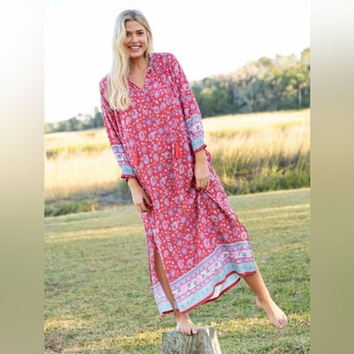 Natural Life Dara Floral Tassel Kaftan 3/4 Sleeve Maxi Dress, Size L