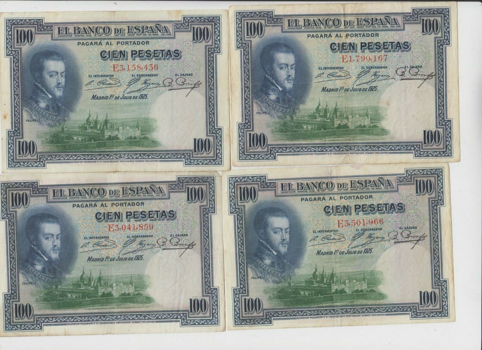 Spain Paper Money 1925 Group of 4 notes f-vf some may have small