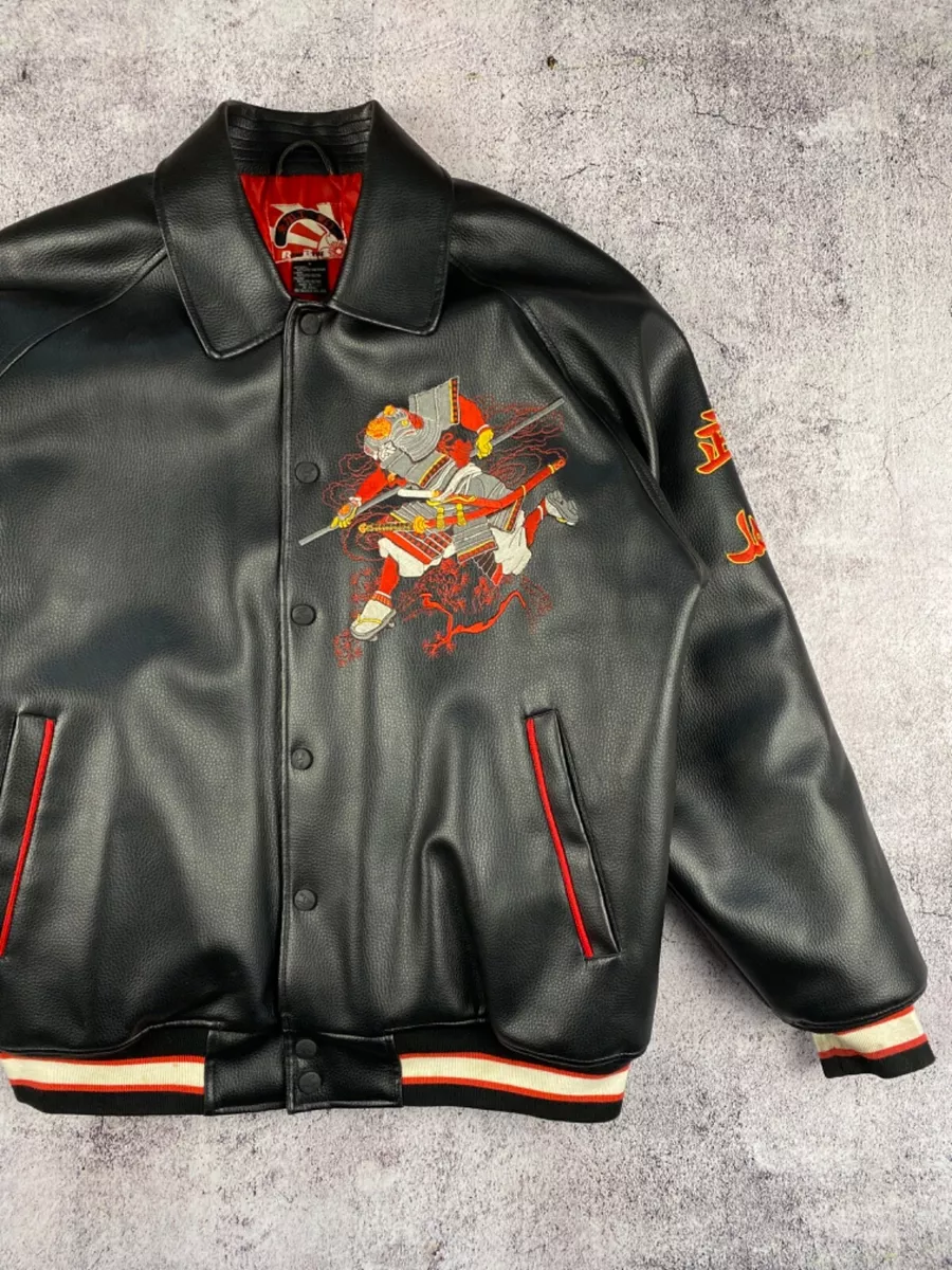 Vintage Raw Blue Japanase Samurai Varcity Faux Bomber Jacket Men&