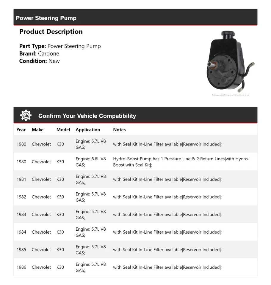 Bomba de dirección asistida Cardone para Chevrolet K30 1980-1986 1981 1982 1983 1984 1985 Foto 2 de 4