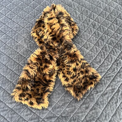 J. Crew Scarf Leopard Animal Print Faux Fur Brown Black Neck Wrap Warmer B24