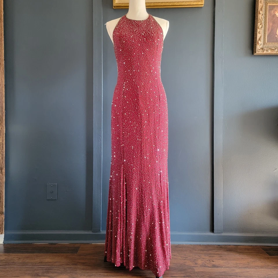 Vintage SCALA Ruby Red 100% Silk Beaded Formal Evening Ball Gown Dress Small - Image 2 of 4