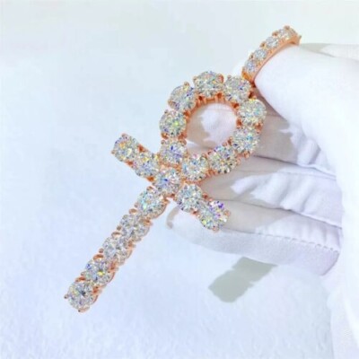 2Ct Round Cut Real Moissanite Ankh Cross Pendant 14K Rose Gold Plated Free  Chain
