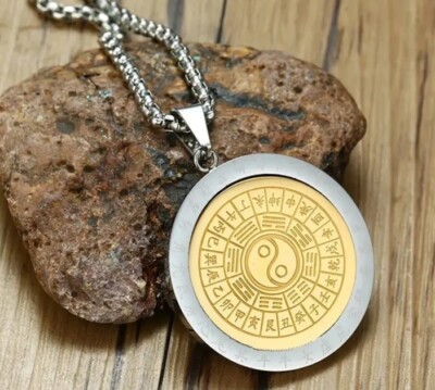 Two-Tone Yin Yang Pendant & 24' Chain Bagua Eight Diagram Mystical Talisman 