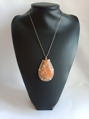 Collier Ancien Pendentif En Marbre Multicolore Serti Acier Inoxydable - Style Années 80 - Occasion