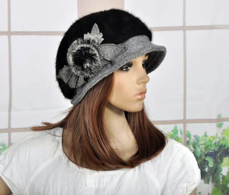 M98 Negro Gris Imitación Piel de Conejo Lana 2 Tonos Ala Sombrero Gorro Gorra de Newsboy Para Mujer Foto 3 de 4