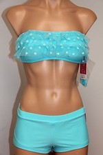 NWT Hula Honey Swimsuit Bikini 2pc set Sz S Shorts Bandeau Aqua Ruffled Bra