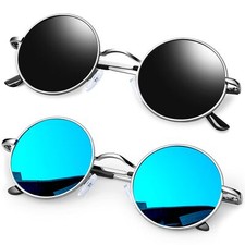 Round Polarized Sunglasses for Men Women Small Mirrored Blue Steampunk Retro ...