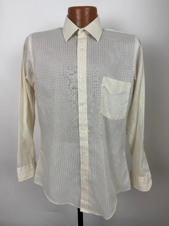 Camisa de Vestir Vintage Años 80 Jacquard Rayas Hombres M Ajustada Cónica Marfil 15.5 32 33 Foto 2 de 4