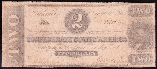 T-61 1863 $2 Confederate CSA Note! FREE SHIPPING! 33151 - Picture 2 of 3