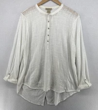 LUCKY BRAND Top XL Gauze Slub Jersey Blouse Popover Roll Tab Sleeve Cotton White