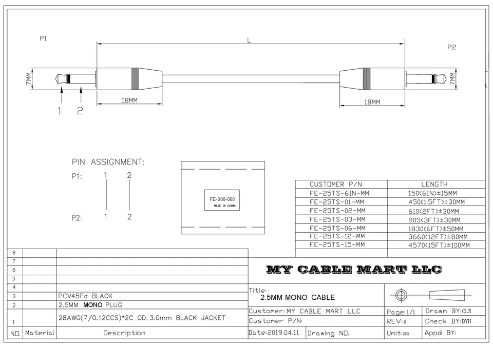 2ft 2.5mm SLIM MONO TS (2 conductor) Male to Male Audio Cable - Image 3 of 3