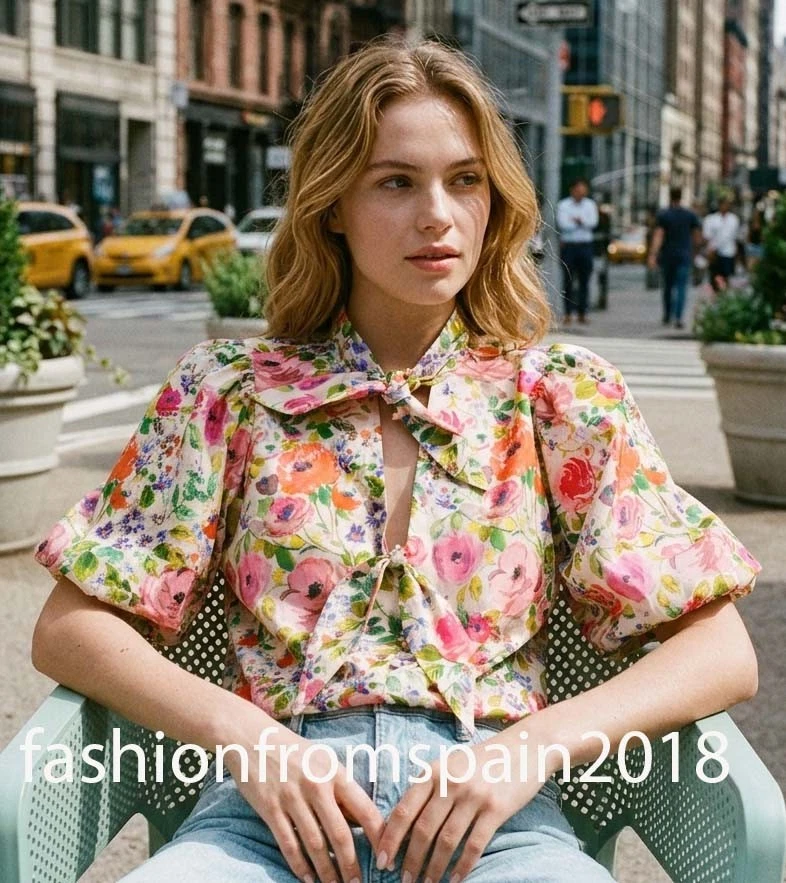 ZARA NEW WOMAN PUFF SLEEVES FLORAL BOW PRINT SHIRT XS-XL 3047/198/330