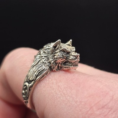 925 Sterling Silver Fenrir Wolf Head Ring Werewolf Biker Mens Size 12 