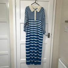 BNWT Jaeger Blue White Stripe Wool Jumper Dress Size Medium 14 16 Quarter Sleeve