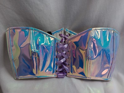 NWT Lavish Daisy Corsets Lace-up Bustier Top L Blue Lavender Holographic
