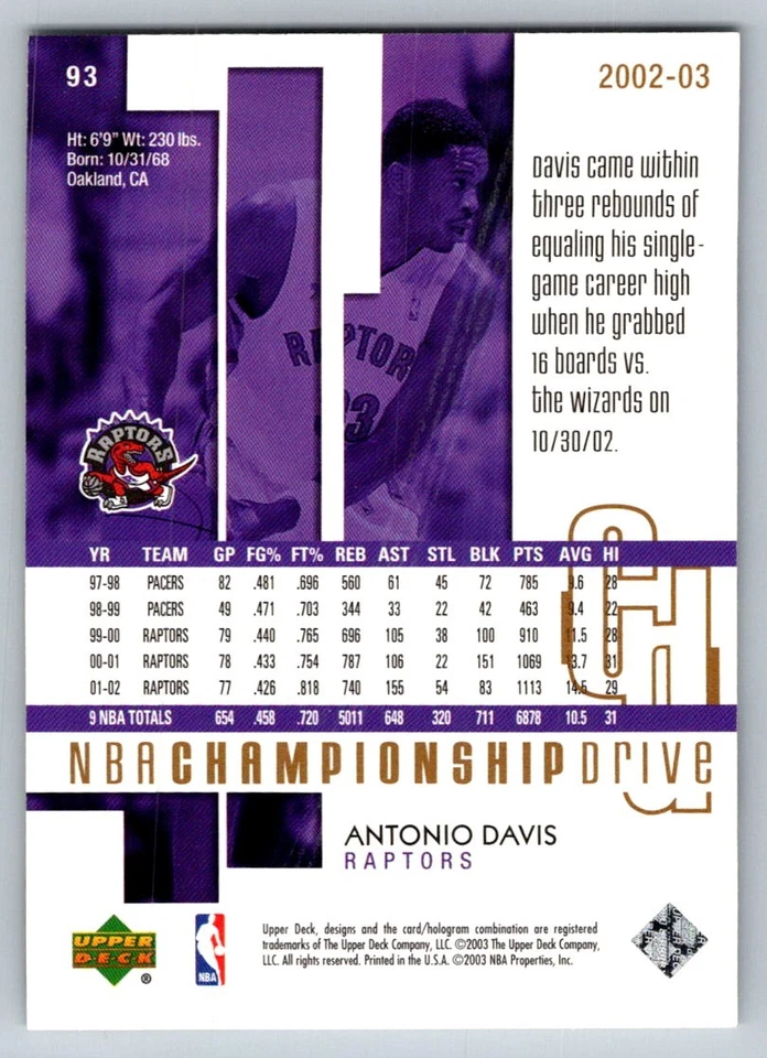 2002 Upper Deck Championship Drive Gold Antonio Davis 93 /125 - Image 2 of 2