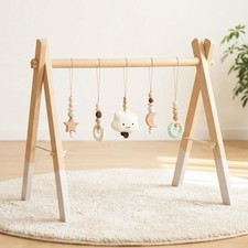 Modèle B Portique d'Éveil Montessori en Bois pour Bébé avec 5 Jouets Blanc