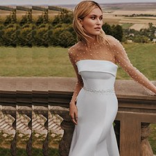 Sheer Mermaid Wedding Dresses Long Sleeve Bridal Gown Button Back Satin Big Bow