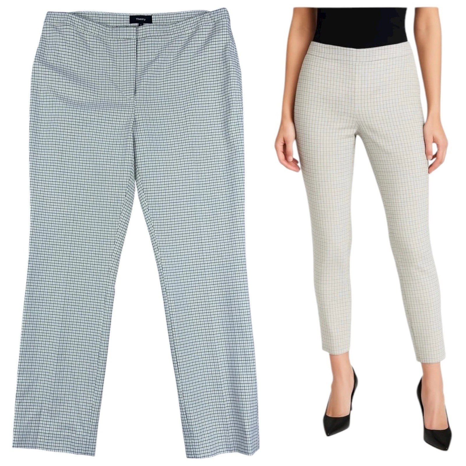 Theory Classic Skinny Ankle Plaid Pants Sz 8 Tan Beige Preppy Academia Coquette
