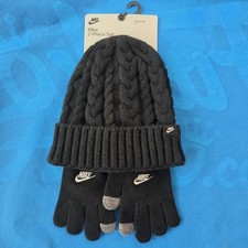 NEW NIKE CABLE KNIT BLACK BEANIE HAT GLOVE SET KIDS 8-20 Outerwear