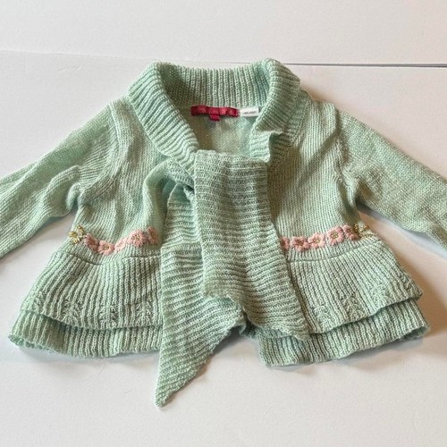 Mimi & Maggie Girls Mint Green Floral Embroidered Tie Front Cardigan Sweater 2T