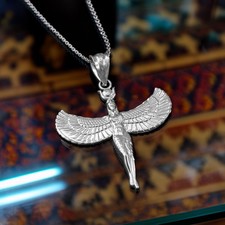 Sterling Silver Egyptian Isis Standing Winged Goddess Pendant Necklace Unisex
