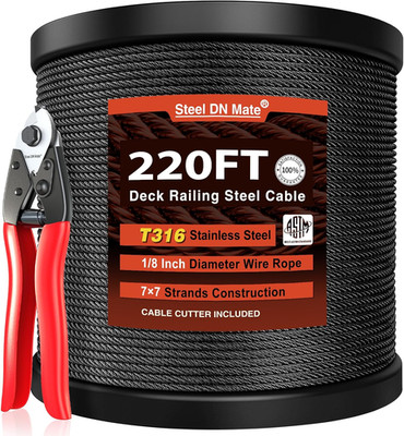220Ft Black Wire Rope 1/8'' T316L Marine Grade Stainless Steel Cable 7 × 7 Strand