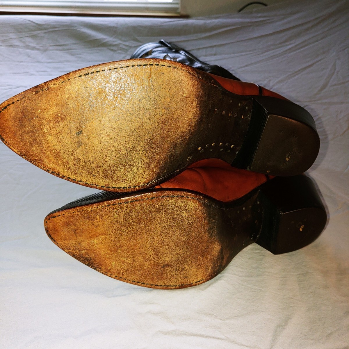 Tony Lama men's used Wingtip cowboy boots, brown, Pointed toe