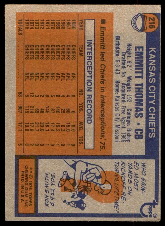 1976 TOPPS EMMITT THOMAS . KANSAS CITY CHIEFS #216 - Image 2 of 2