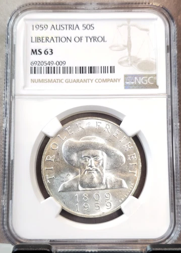 1959 AUSTRIA SILVER 50 SCHILLING LIBERATION OF TYROL NGC MS 63 GREAT LUSTER
