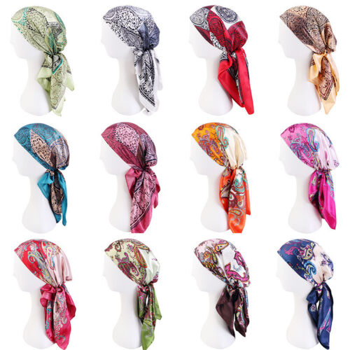 90*90CM Printing Bandanas Hair Bands Women Square Satin Scarf Turban Headband - Picture 1 of 29